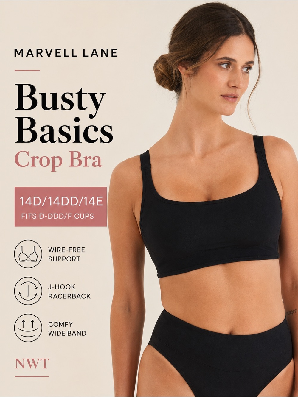Marvel Lane Busty Basics‎ Crop Bra Black Wire-Free Bralette NWT 14D/14DD/14E